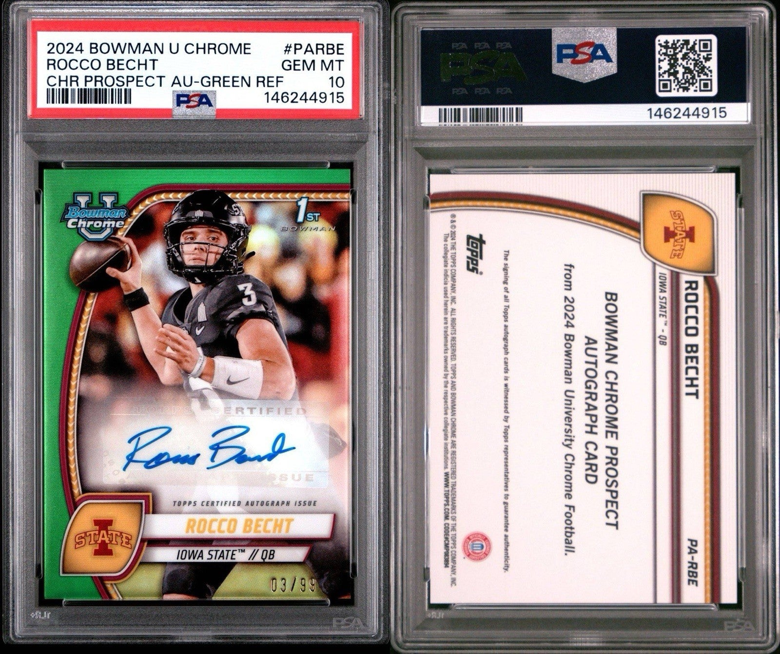 2024 Bowman U Chrome Rocco Becht Green Refractor Auto /99 PSA 10 Gem