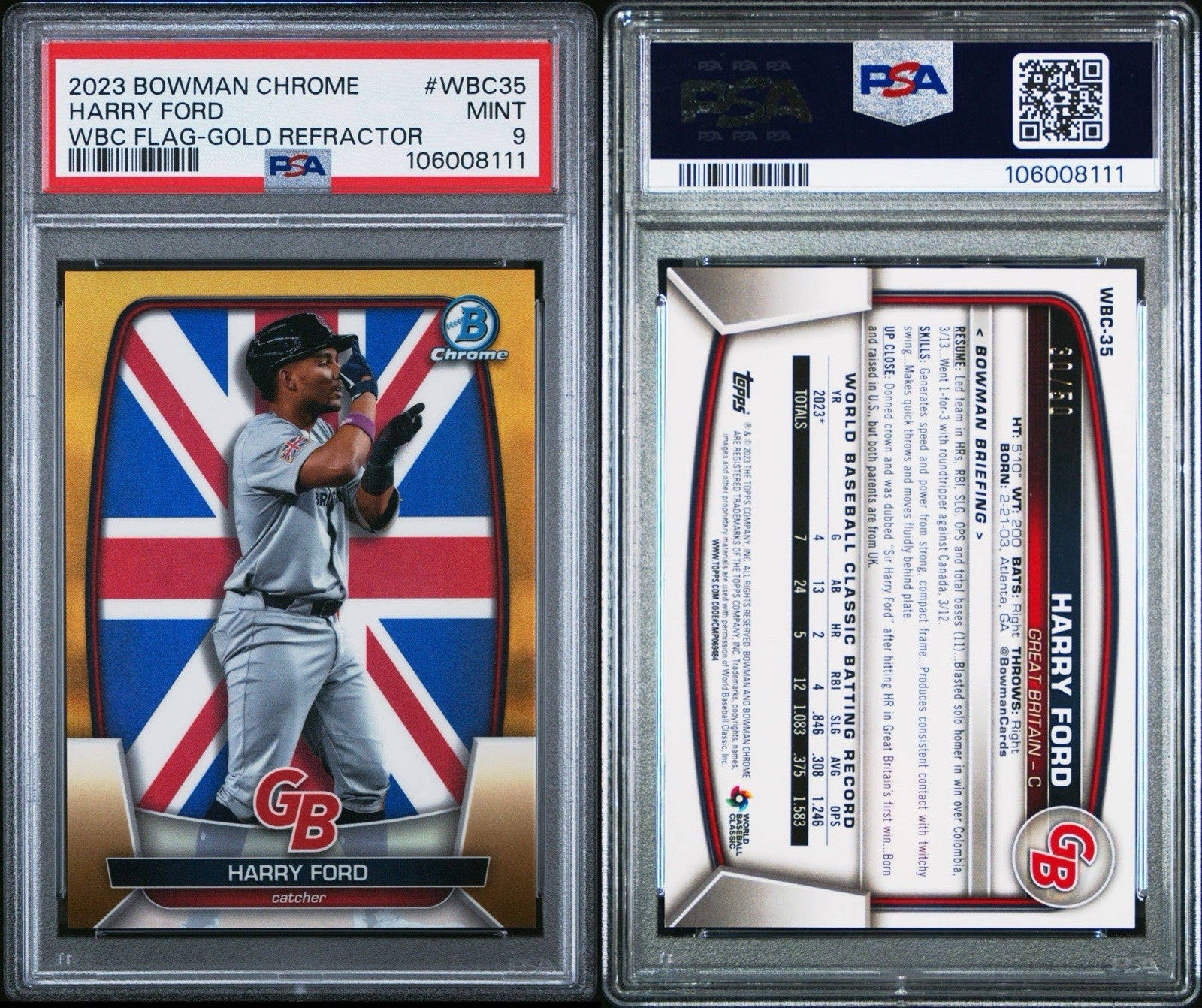 Harry Ford 2023 Bowman Chrome WBC Flag Blue Refractors Gold /50 PSA 9 Mint