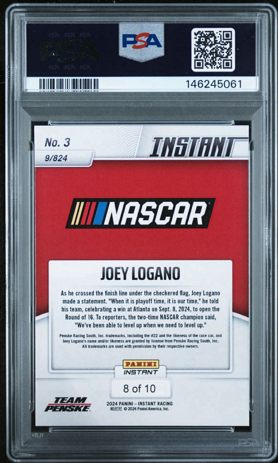 JOEY LOGANO 2024 Panini Instant Nascar 8/10 Jaguar #3 - PSA 10 Gem