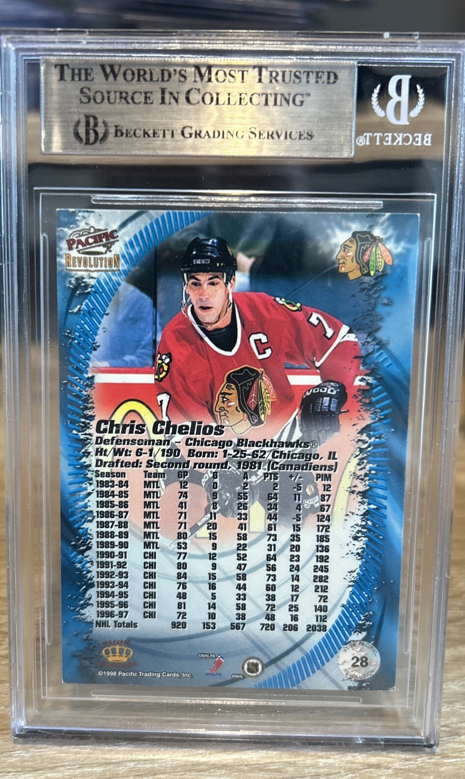 Signed Chris Chelios 1997-98 Pacific Revolution #28 Beckett BAS Slab -Blackhawks