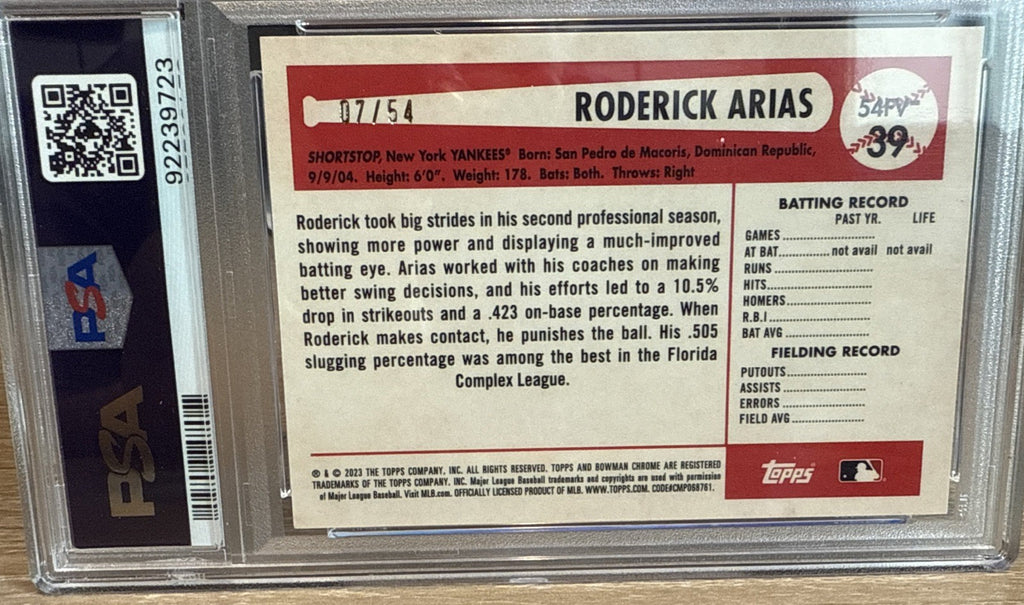 2023 Bowman Draft 1954 Flag Variation Roderick Arias Yankees #d /54 PSA 9 MINT