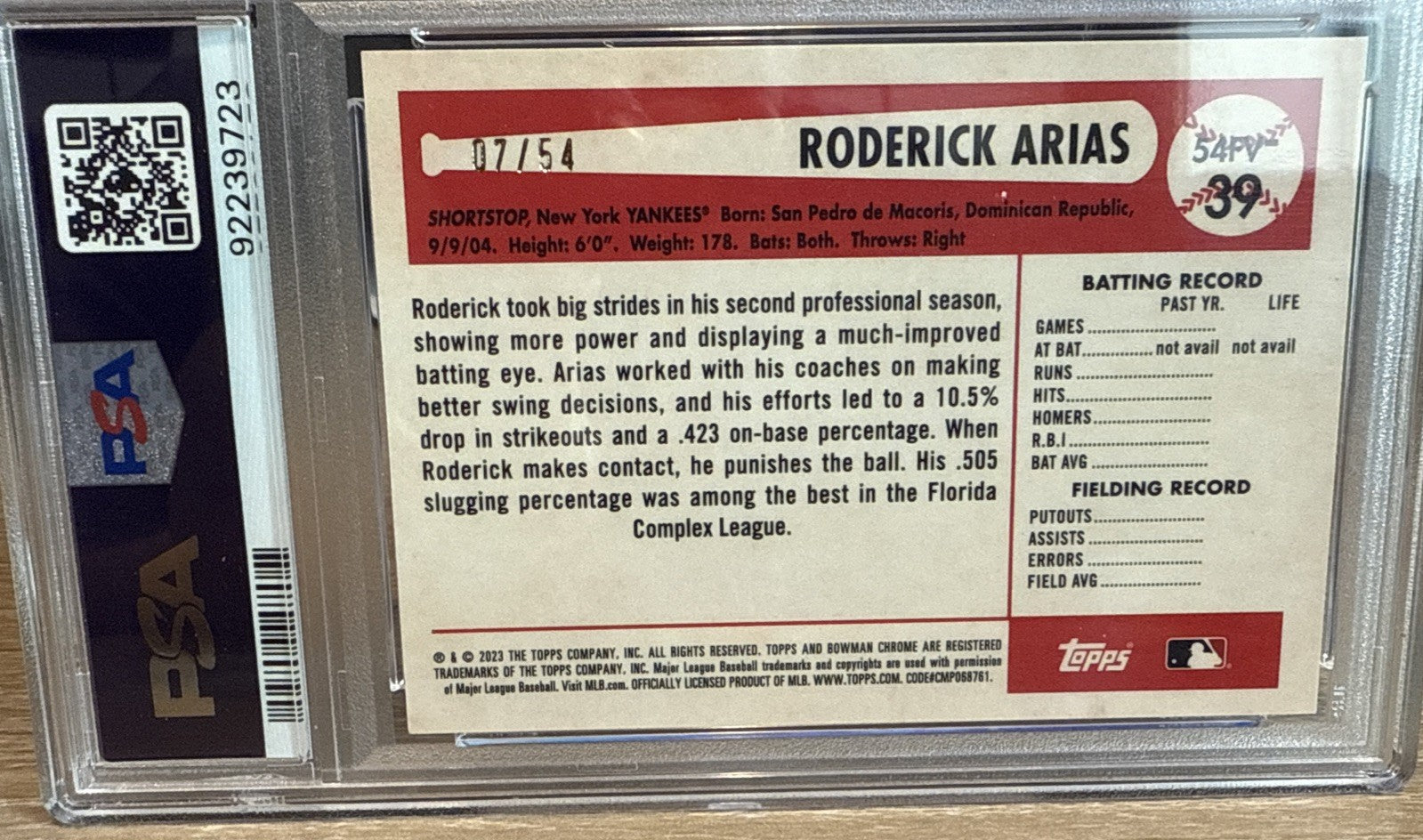 2023 Bowman Draft 1954 Flag Variation Roderick Arias Yankees #d /54 PSA 9 MINT