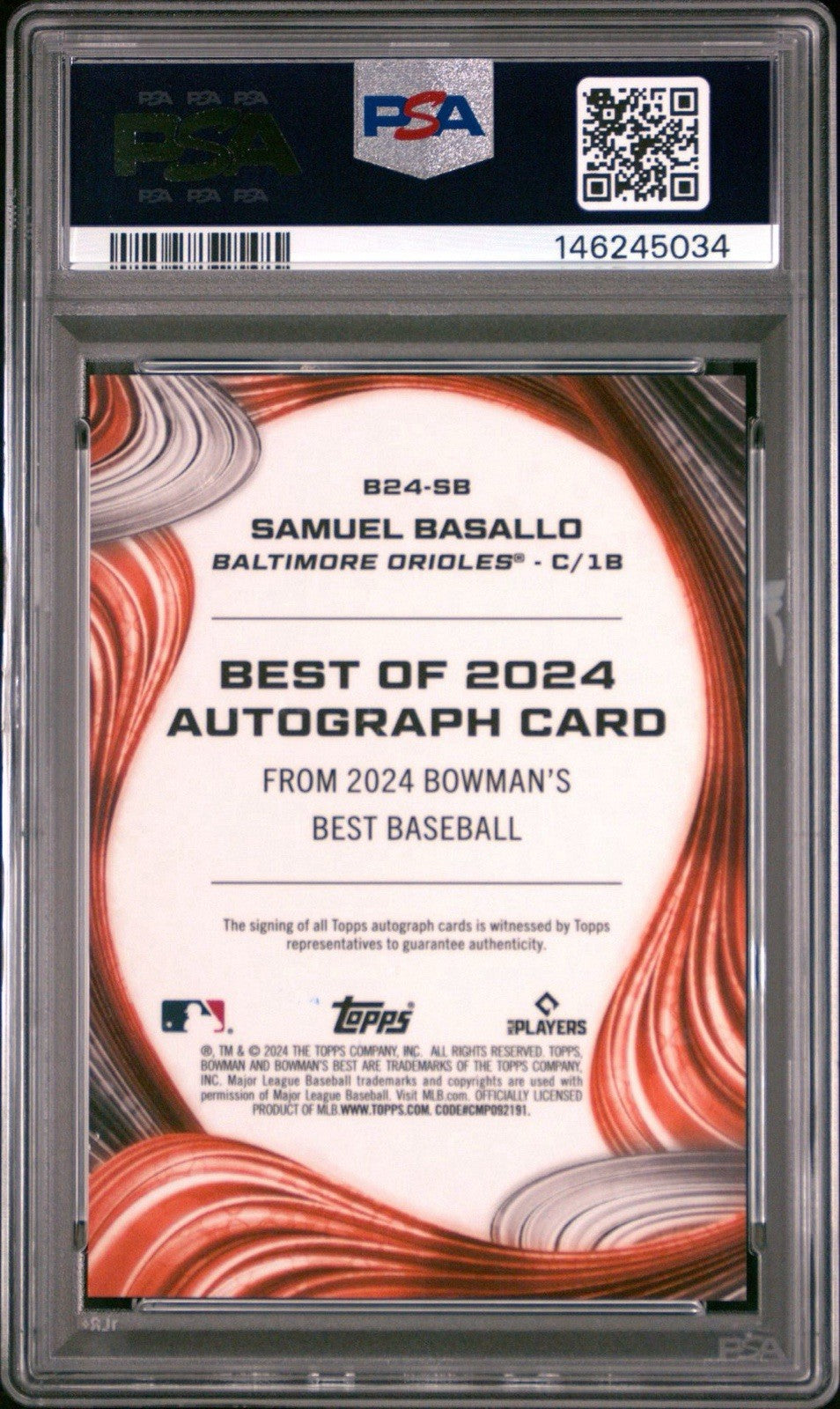 2024 Bowman's Best - Best of 2024 Autographs Samuel Basallo #B24-SB PSA 10 Gem