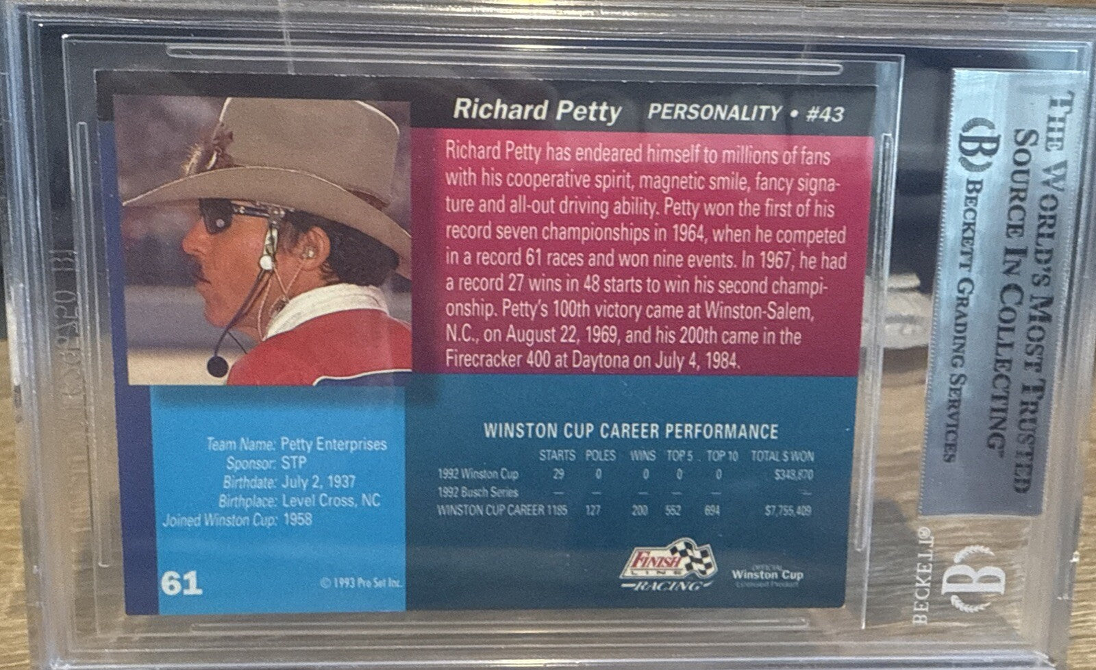 Signed Richard Petty 1993 Finish Line Trading Card #61 Beckett BAS Slabbed