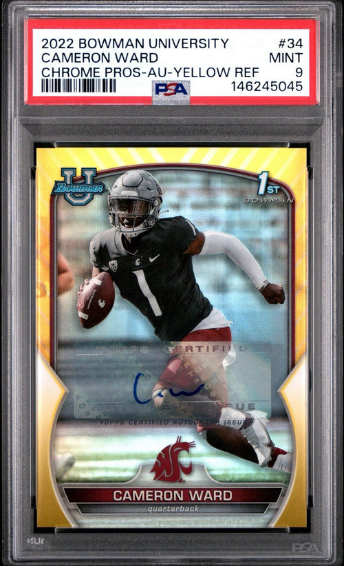 2022 BOWMAN U CHROME YELLOW REFRACTOR  AUTO CAM (CAMERON) WARD #d /75 - PSA 9