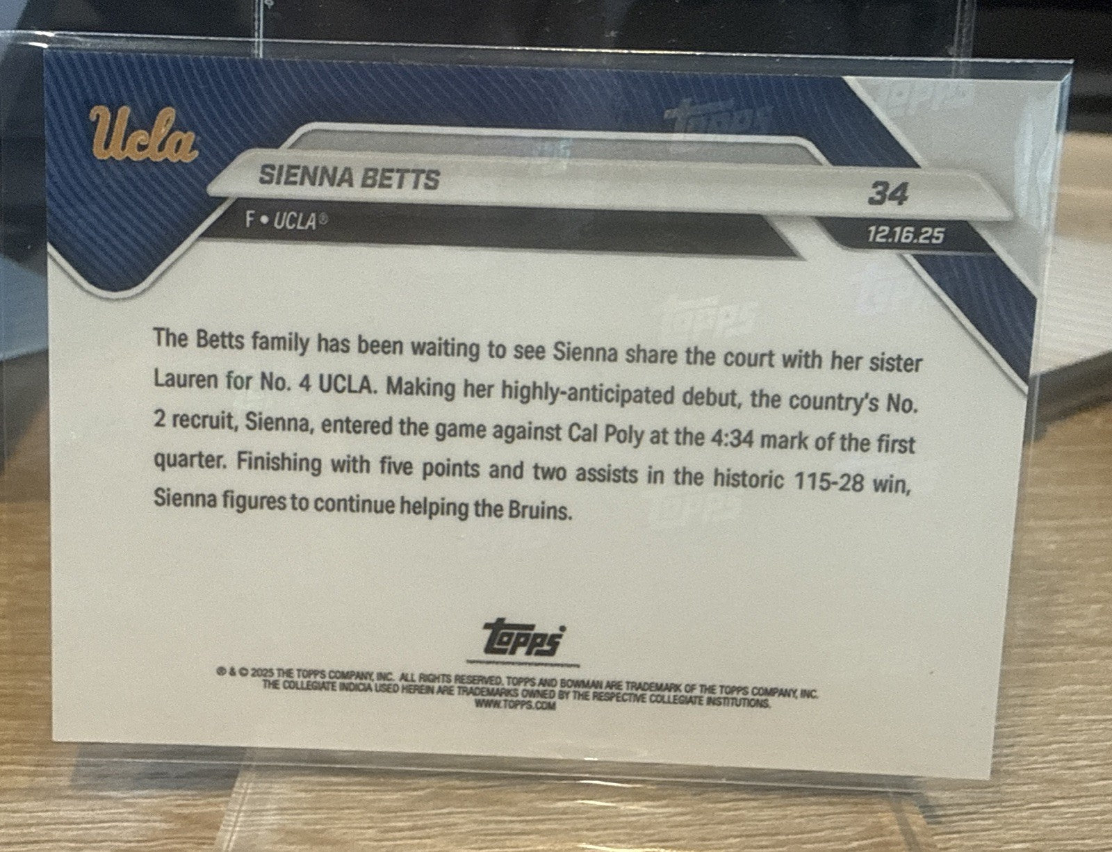 Sienna Betts UCLA Debut 2025-26 Bowman U NOW Basketball Card 34 Gold Foil #d /50