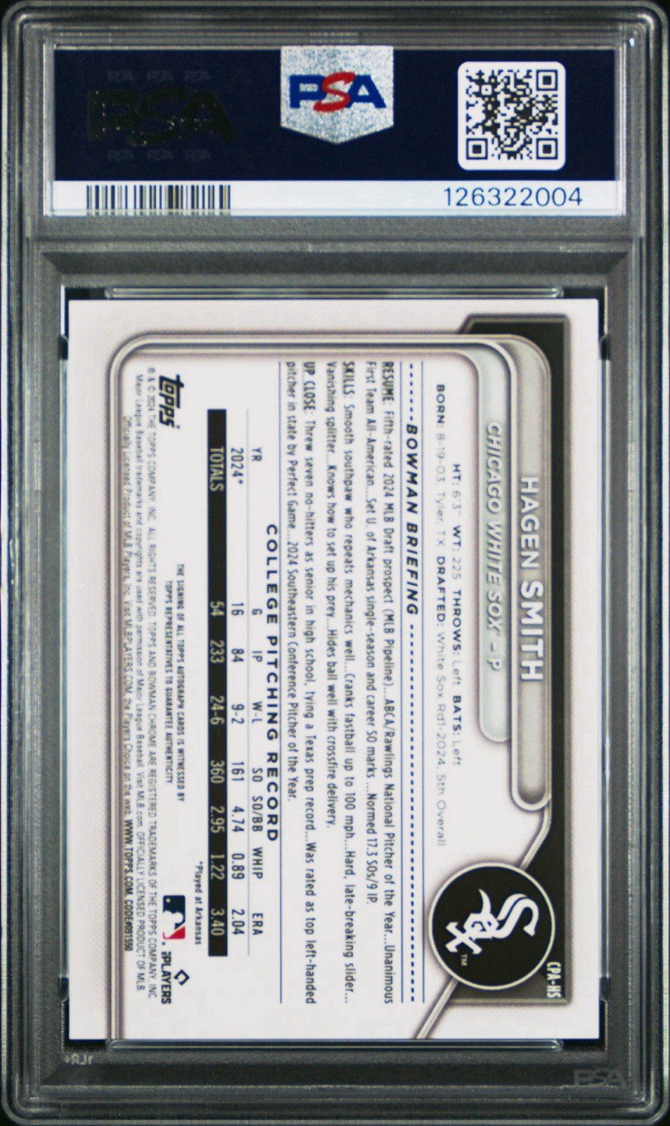 Hagen Smith 2024 Bowman Draft Chrome Prospect Auto #CPAHS PSA 9