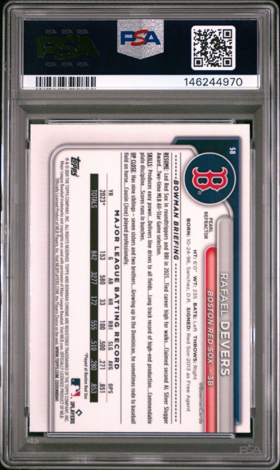 2024 Bowman Chrome Pearl Refractor # 58 Rafael Devers PSA 9