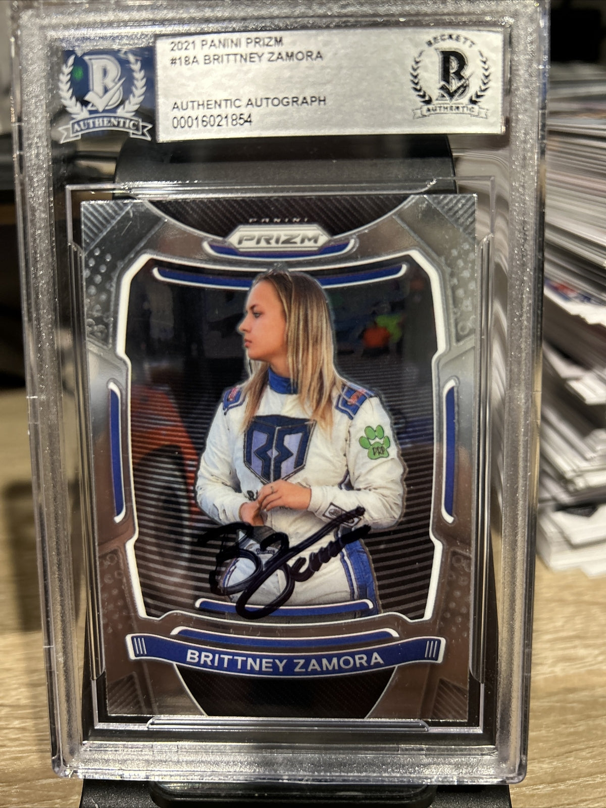 2021 Panini Prizm Brittney Zamora #18 Autograph Beckett BAS Encased NASCAR