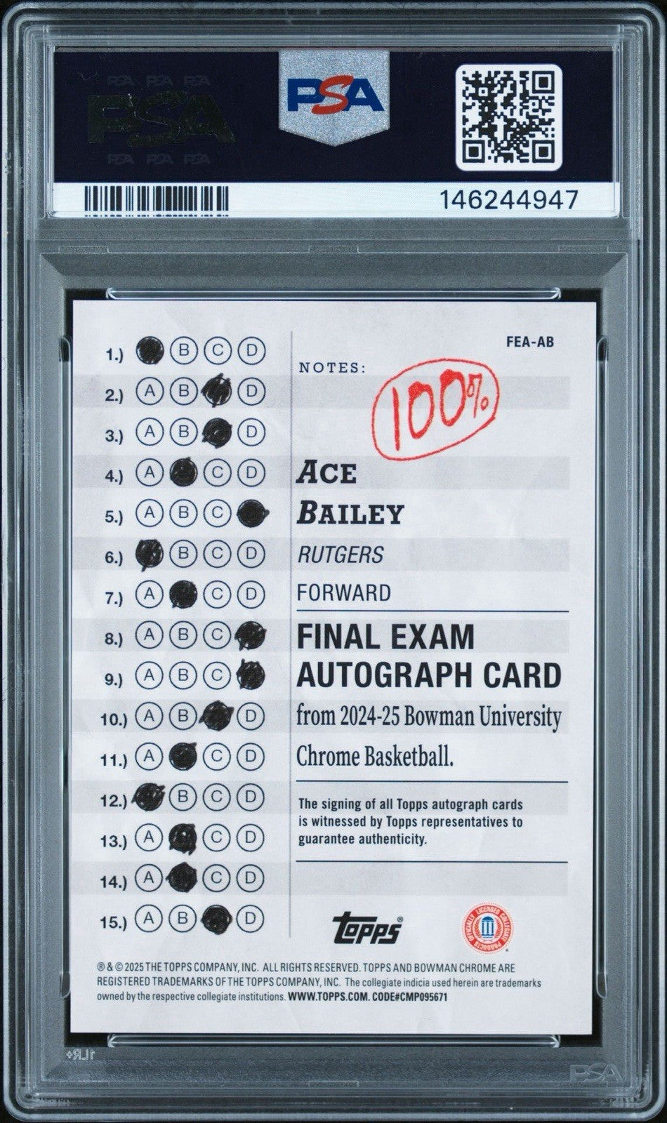 2024-25 Bowman U Chrome - Final Exam Autographs Ace Bailey #FEA-AB PSA 10 Gem