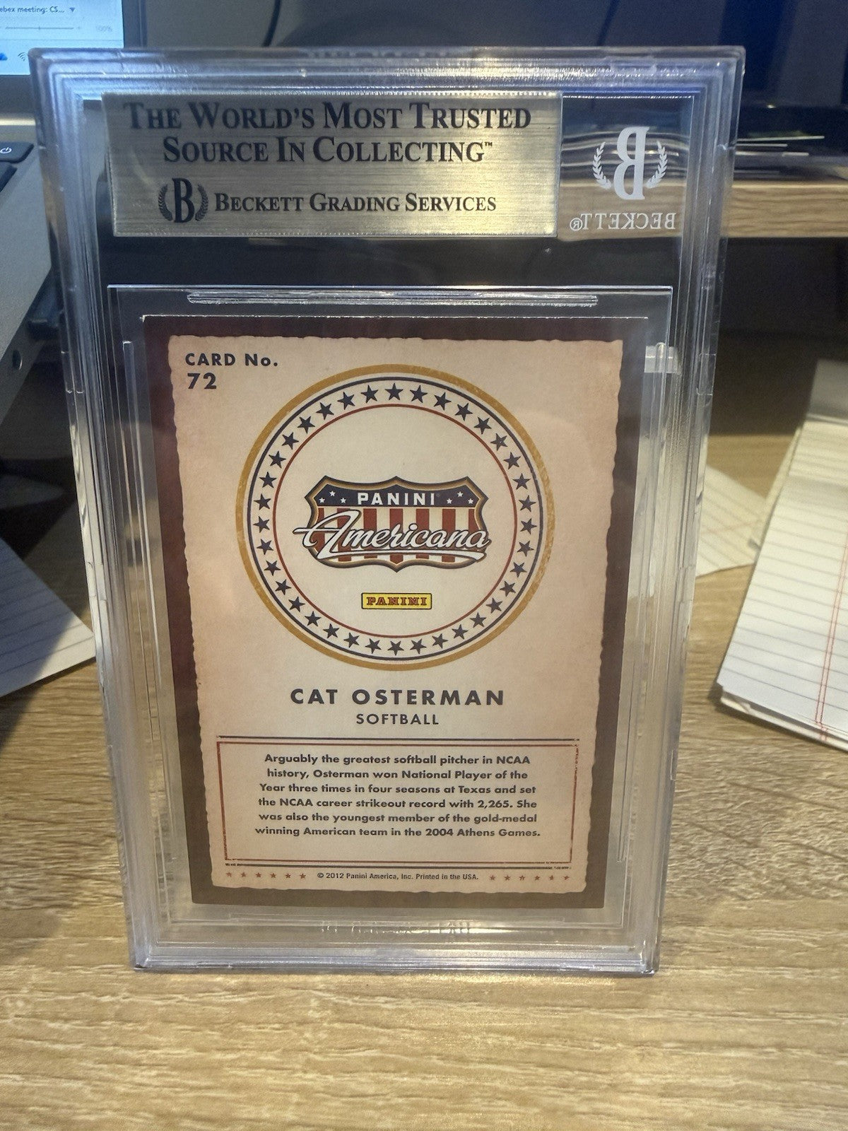 2012 Panini CAT OSTERMAN Olympics Softball Signed Card #72 - Beckett BAS Slab