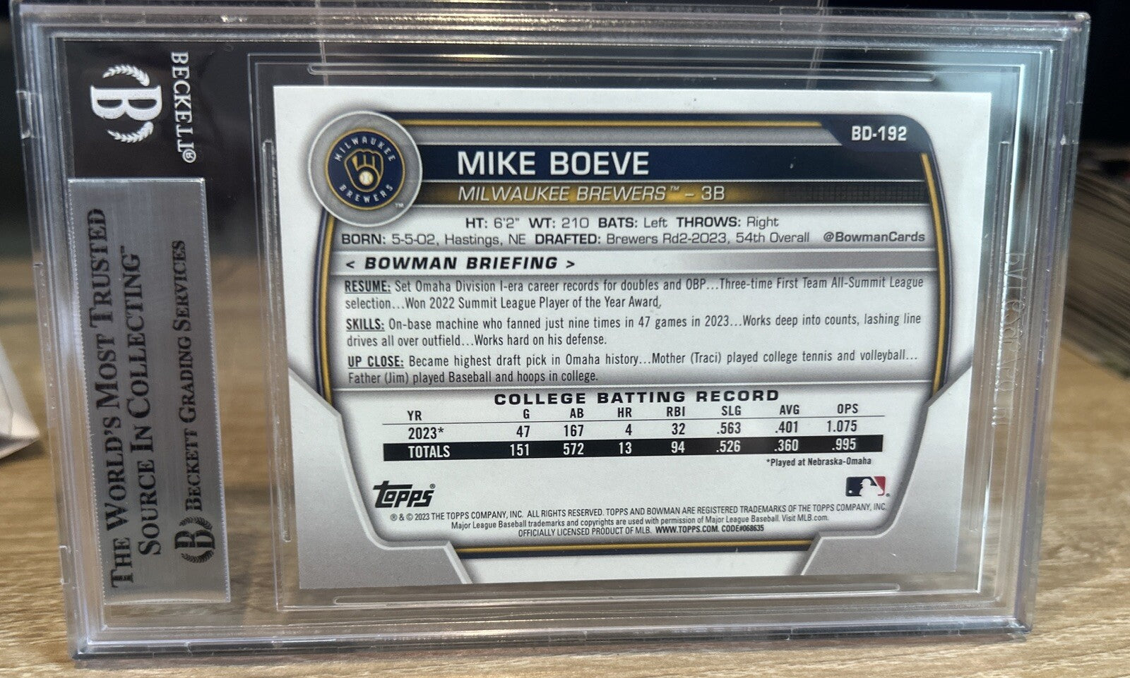 Mike Boeve Auto 2023 Bowman 1st Draft BAS Beckett Authentic On Card Signed