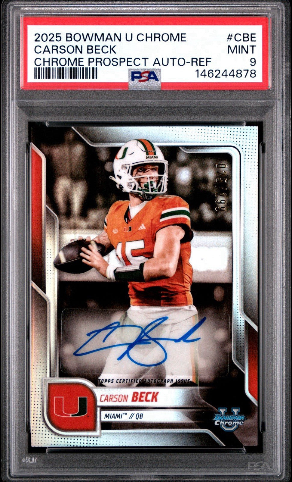 Carson Beck 2025 Bowman U Chrome Auto Refractor /299 #CBE PSA 9 Miami Canes