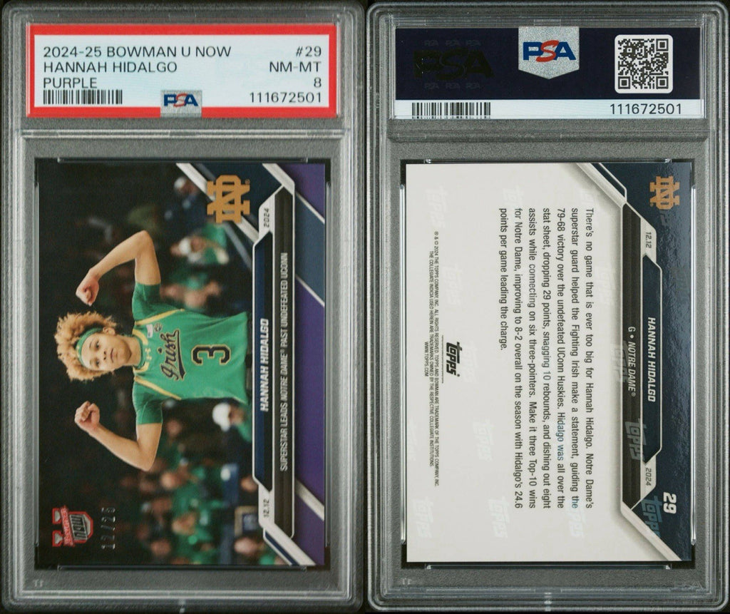2024-25 Hannah Hidalgo - Bowman U Now #29 Leads Notre Dame Purple /25 PSA 8