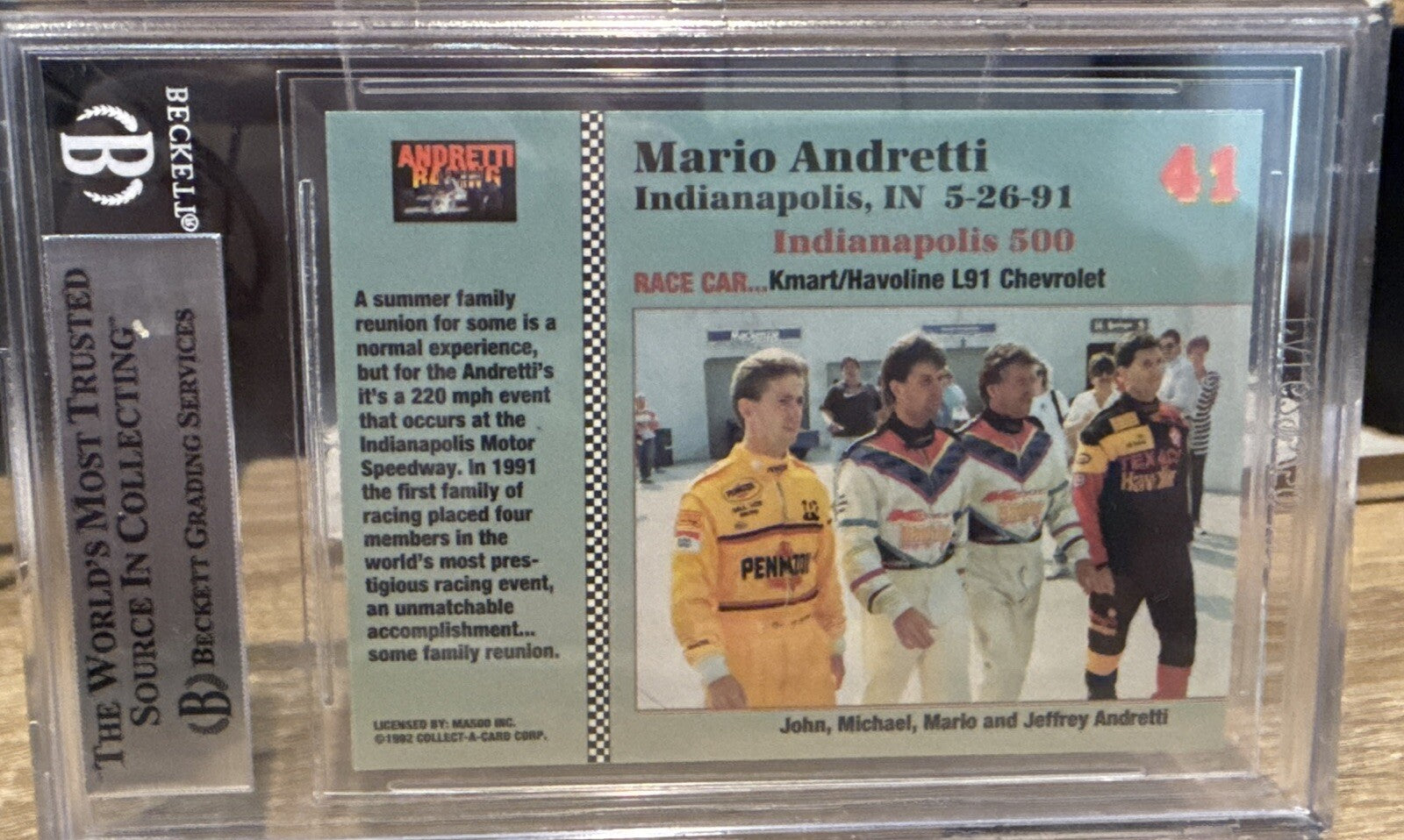 MARIO ANDRETTI Signed 1992 Collect A Card #41 Beckett BAS encased Indy Racing