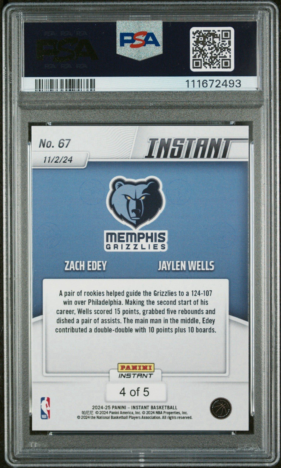 2024-25 Panini Instant Zach Edey/Jaylen Wells - White Tiger #d /5 RC #67 PSA 10