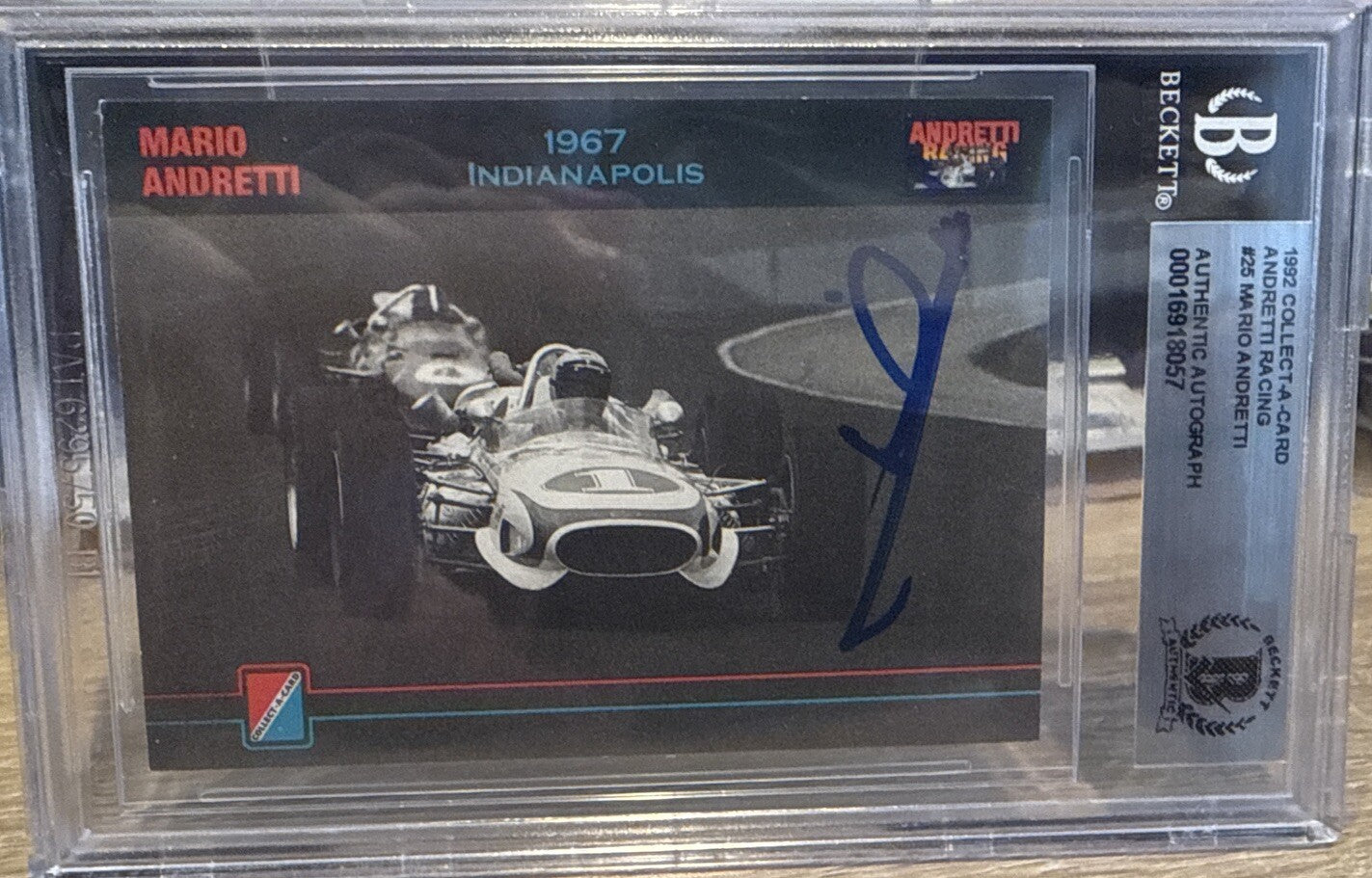 MARIO ANDRETTI Signed 1992 Collect A Card #25 Beckett BAS encased Indy Racing