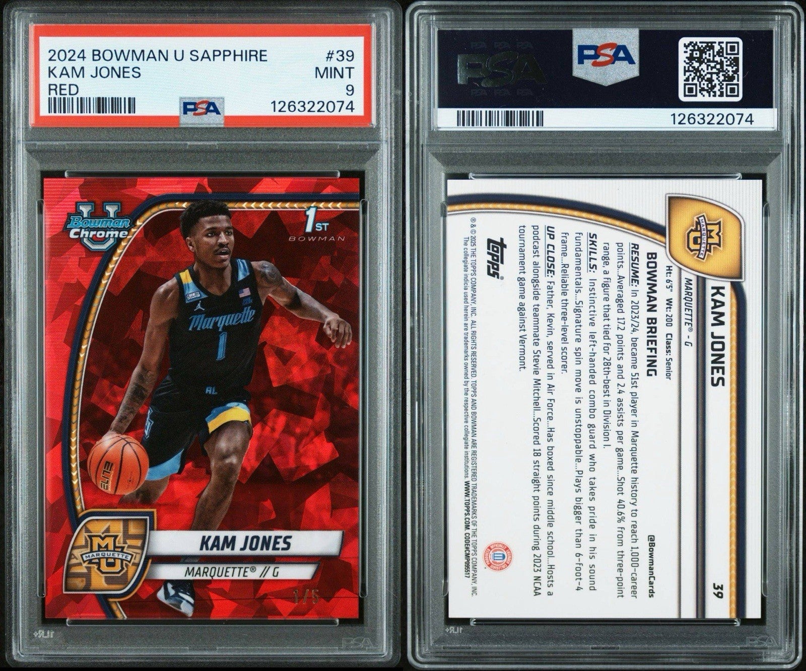 2025 Bowman Chrome U basketball Sapphire Edition Red - Kam Jones #d /5 - PSA 9