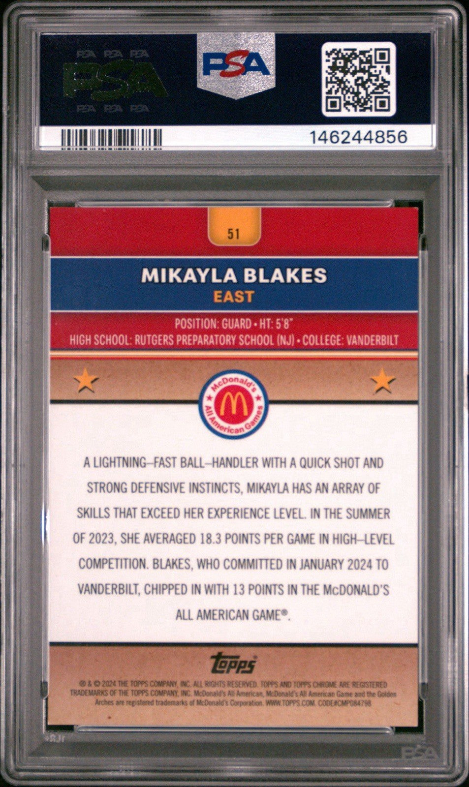 2024 Topps McDonald's Chrome MIKAYLA BLAKES #51 Rookie RC Orange Wave /35 PSA 9