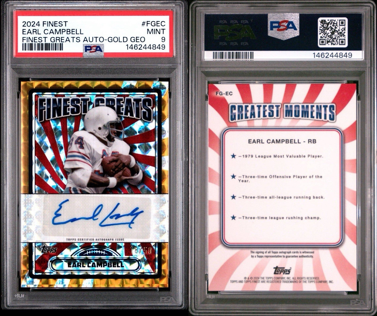 2024 Topps Finest - Finest Greats Autographs Earl Campbell #FG-EC Gold Geo PSA 9