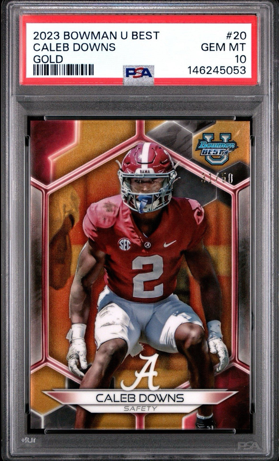 CALEB DOWNS 2023 BOWMAN U BEST #20 GOLD REFRACTOR /50 PSA 10 Gem - OHIO STATE