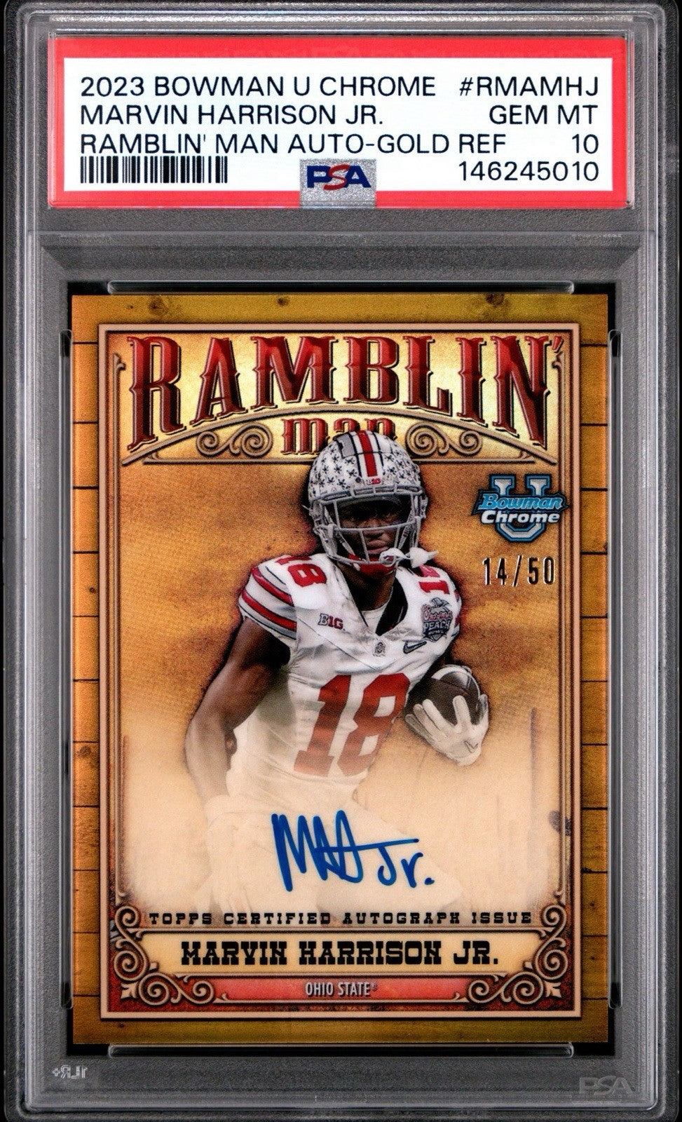 2023 Bowman U Chrome #MHJ Marvin Harrison Jr. Ramblin Man Gold Auto /50 PSA 10