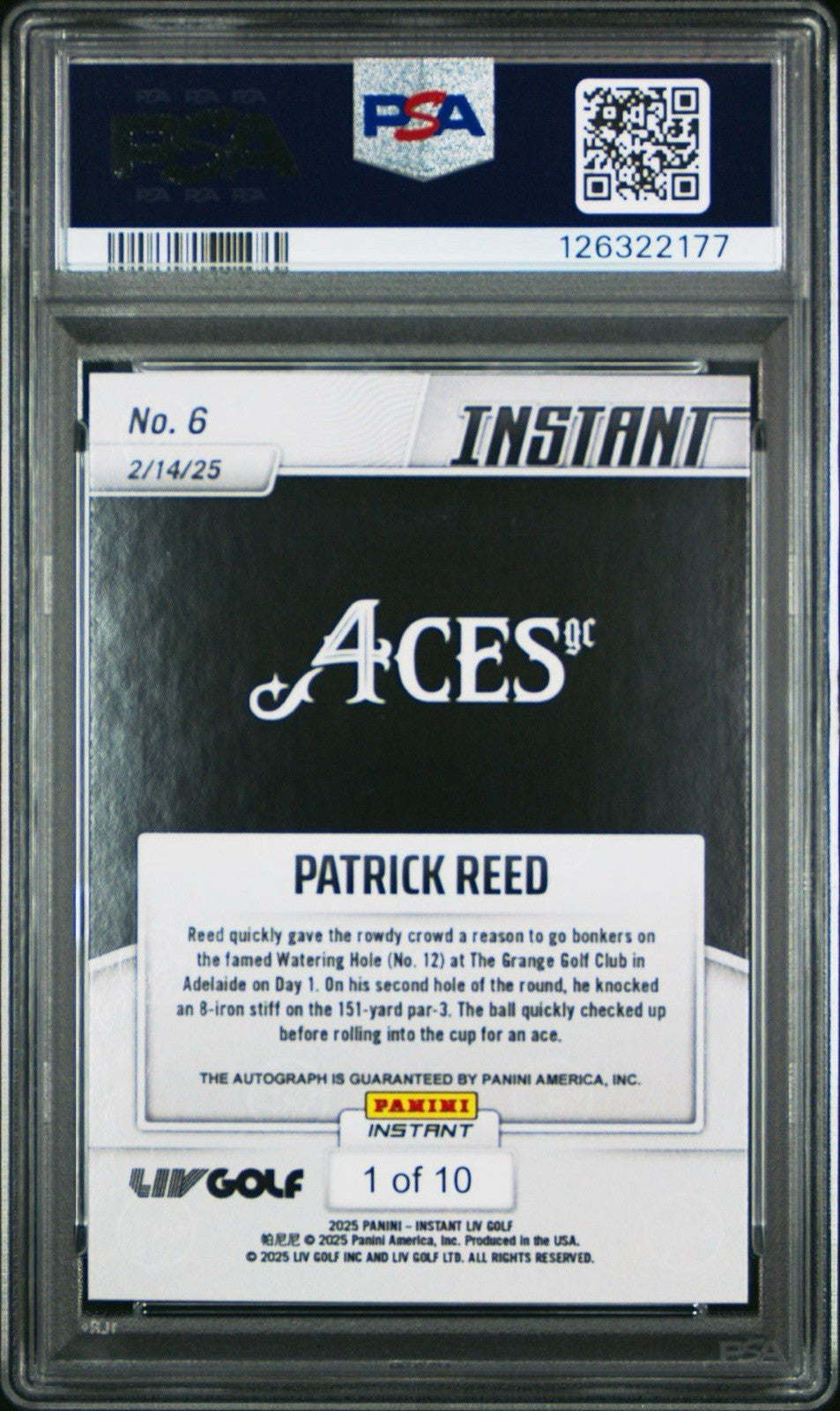 2025 PANINI INSTANT LIV GOLF #6 - Patrick Reed Auto 1/10 - PSA 9 Mint
