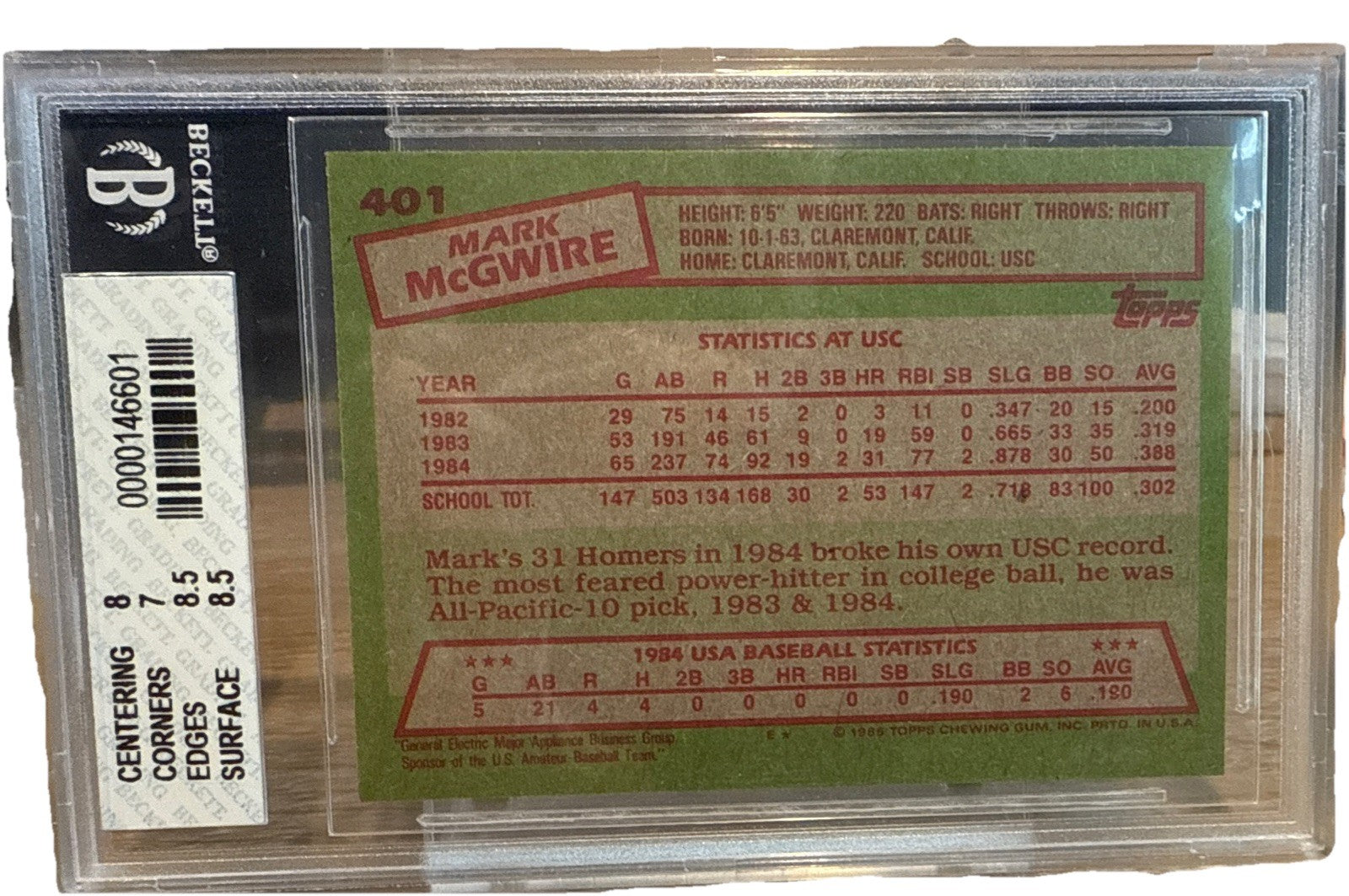 1985 Topps Mark McGwire #401 BGS 7.5 Rookie RC
