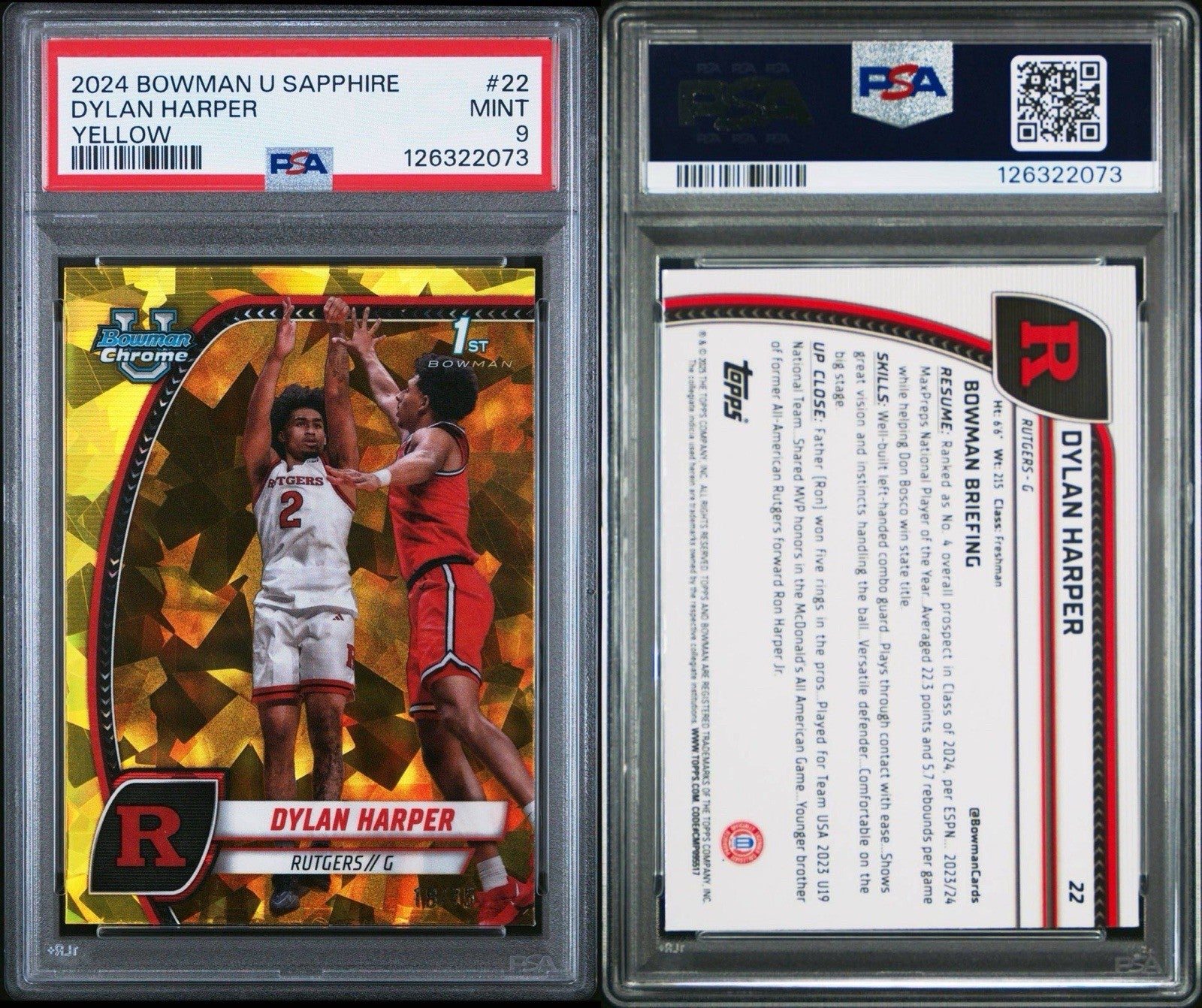 2025 Bowman Chrome Dylan Harper Yellow 1st Sapphire /75 PSA 9 Mint