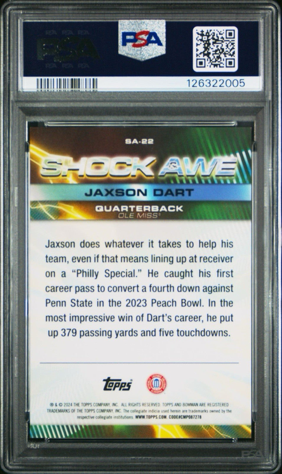 Jaxson  Dart SA-22 - Shock & Awe SSP  - 2024 Bowman’s Best U - PSA 10 Gem