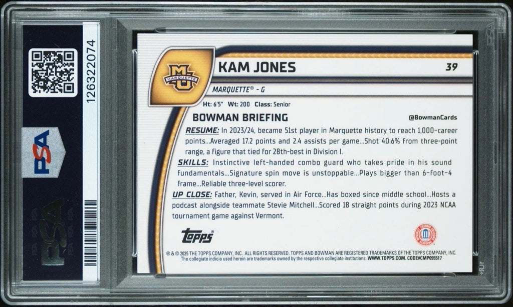 2025 Bowman Chrome U basketball Sapphire Edition Red - Kam Jones #d /5 - PSA 9