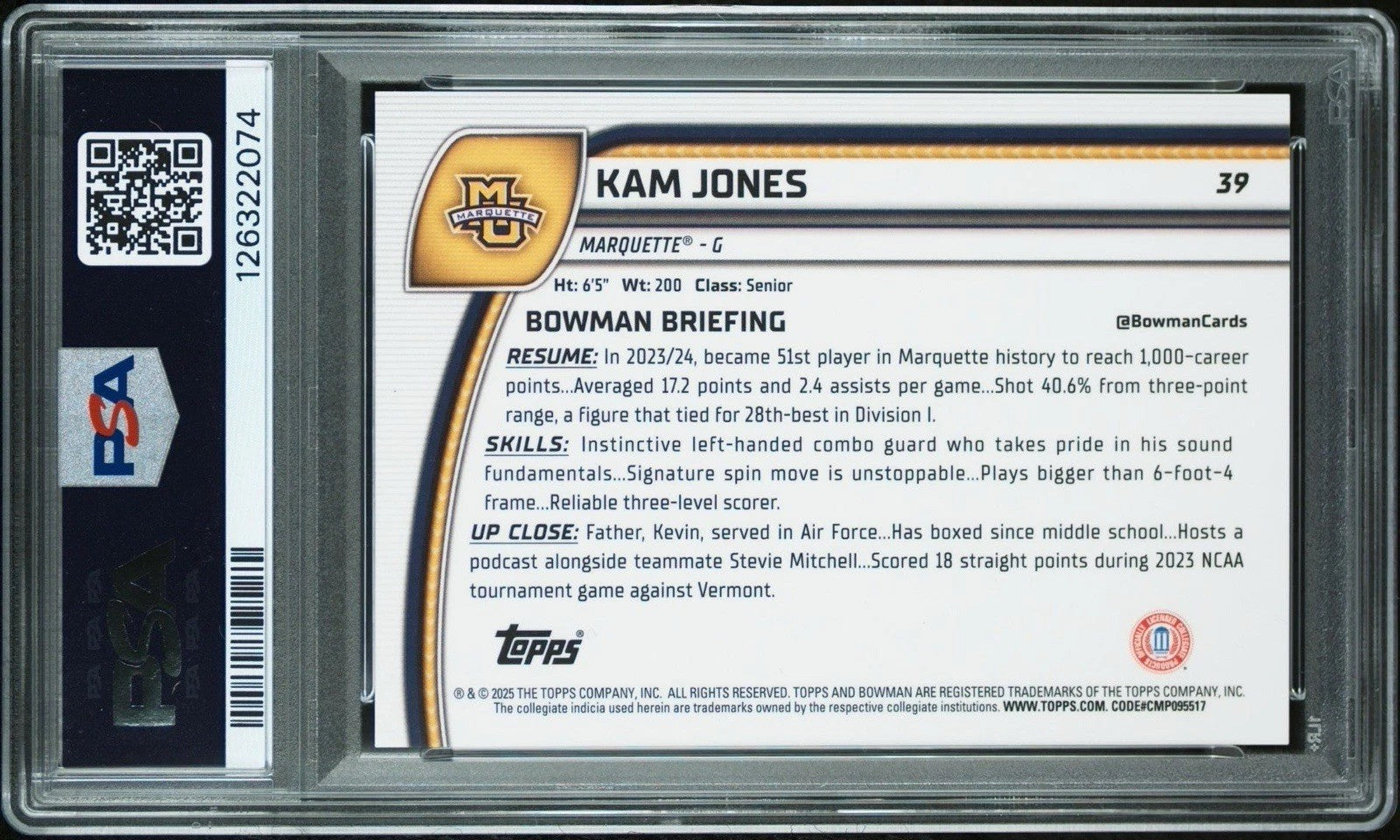2025 Bowman Chrome U basketball Sapphire Edition Red - Kam Jones #d /5 - PSA 9