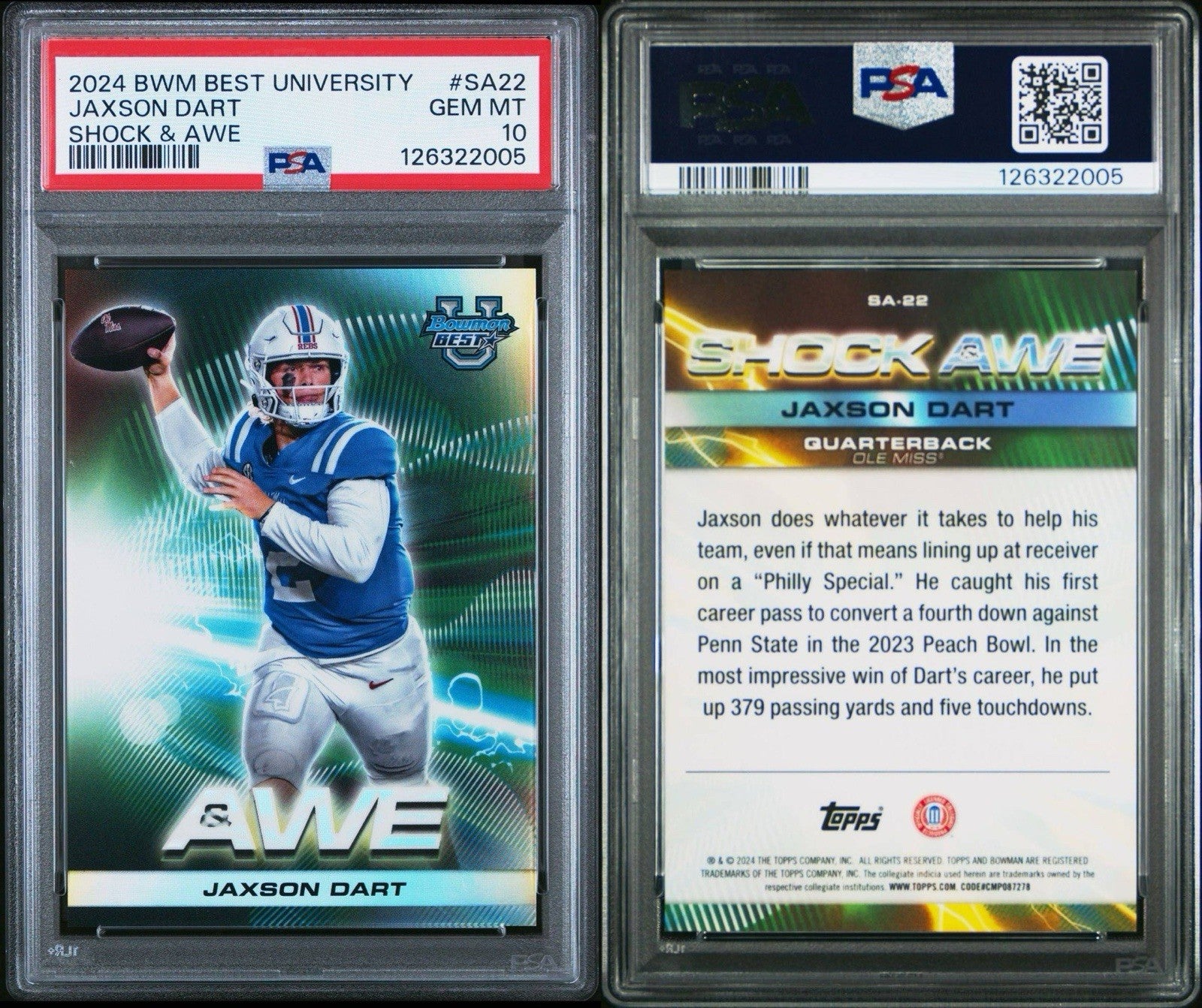 Jaxson  Dart SA-22 - Shock & Awe SSP  - 2024 Bowman’s Best U - PSA 10 Gem