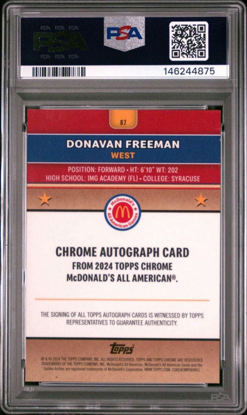 2024 Topps Chrome McDonald's All American #87 - Donavan Freeman - PSA 10 Gem