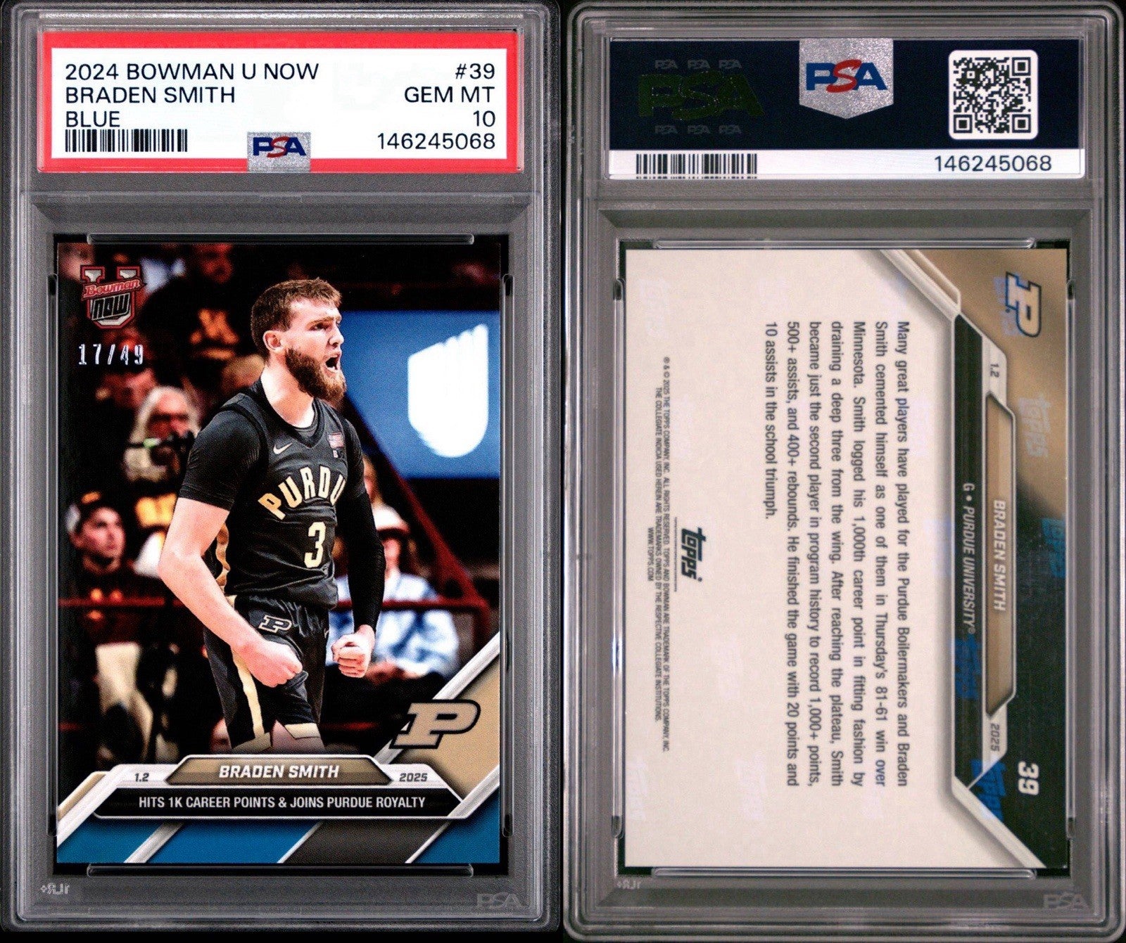 Braden Smith 2024 Bowman U Now #39 BLUE PARALLEL #d /49 Purdue PSA 10 Gem