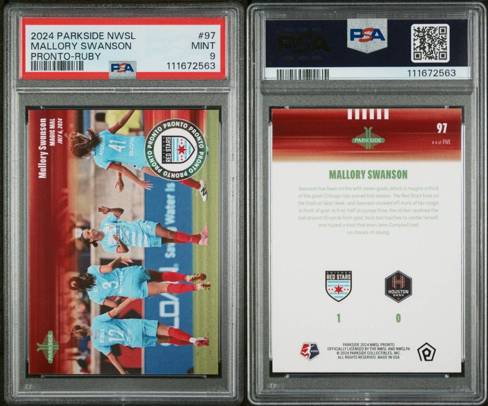 2024 Parkside NWSL Pronto MALLORY SWANSON Ruby 4/5 Magic Mal #97 PSA 9