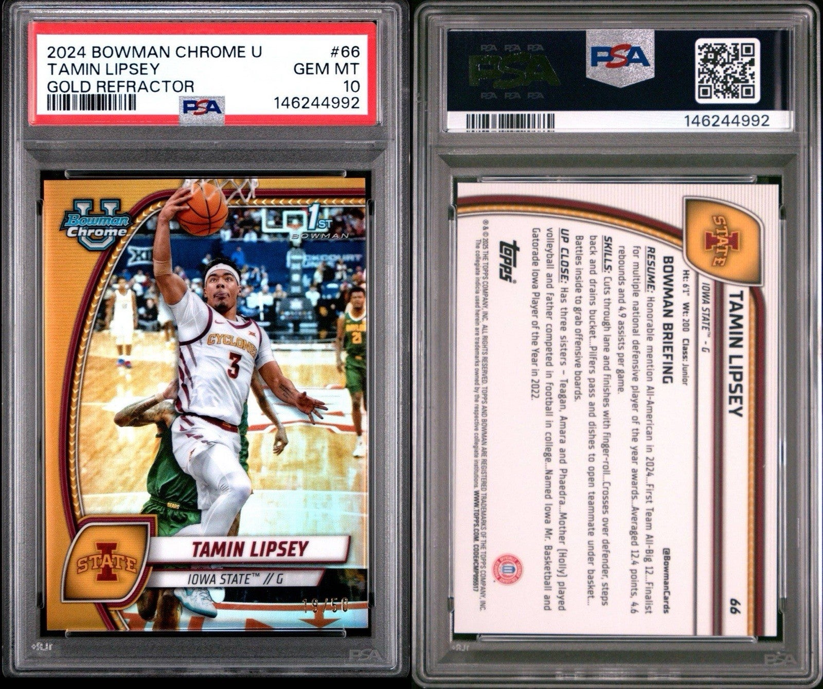 Tamin Lipsey 2024-25 Bowman Chrome U Gold Refractor /50 #66 Iowa St. PSA 10 Gem
