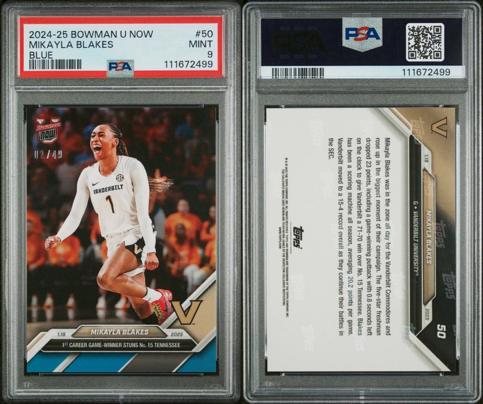 2024-25 Bowman U Now #50 Mikayla Blakes Blue #d /49 - PSA 9 Mint