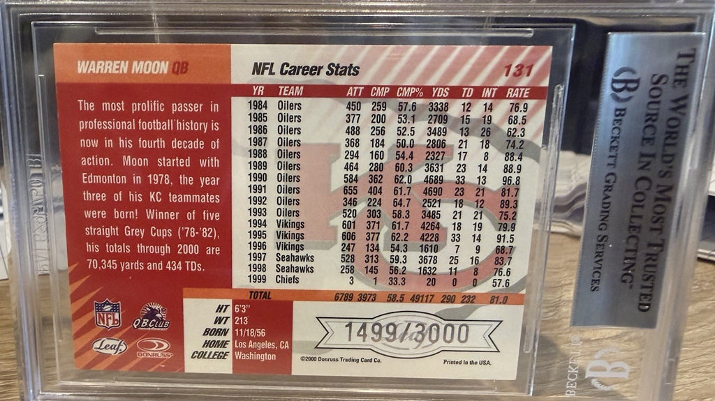 Warren Moon Signed 2000 Leaf #131 - Beckett BAS encased HOF