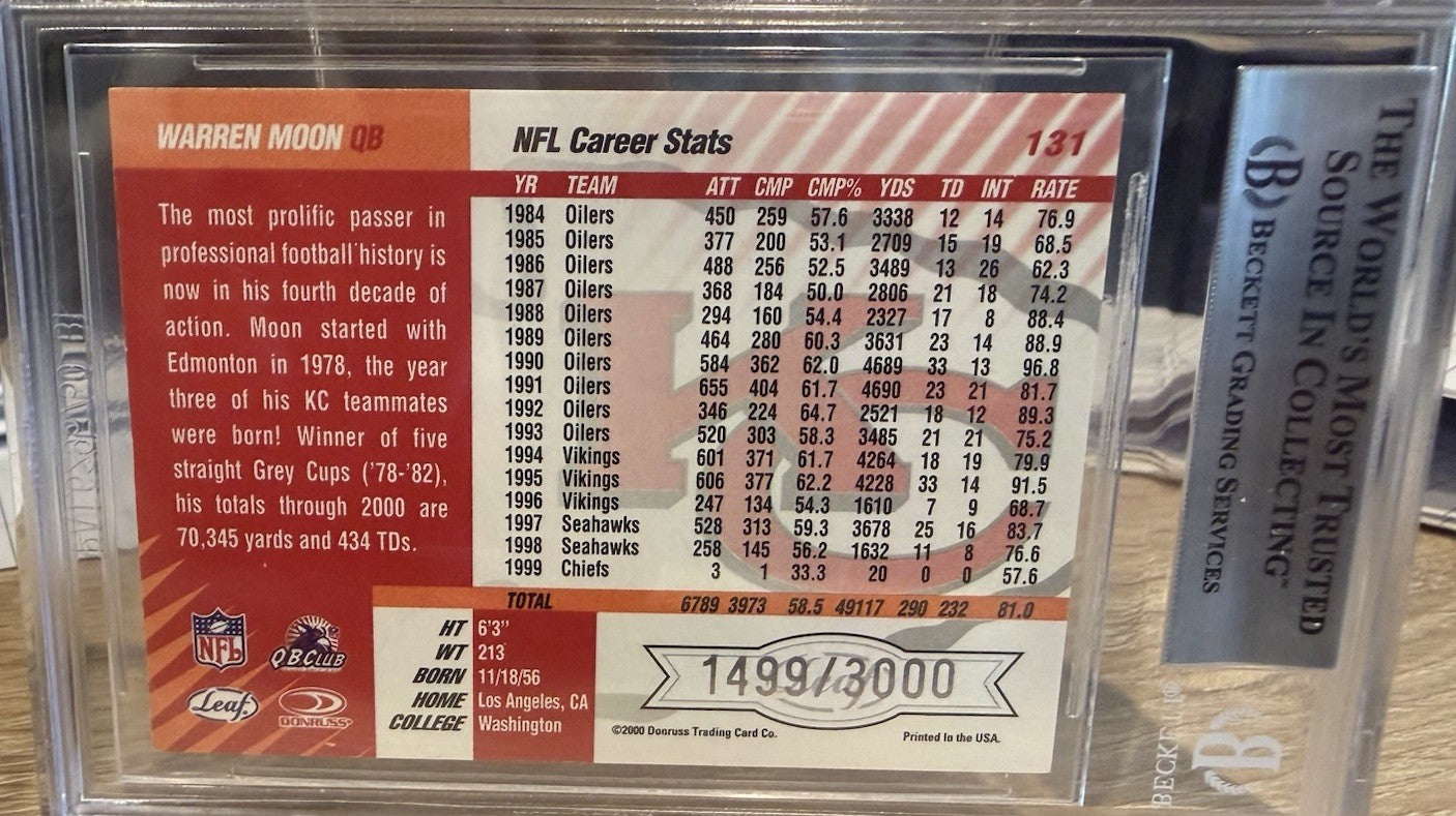 Warren Moon Signed 2000 Leaf #131 - Beckett BAS encased HOF