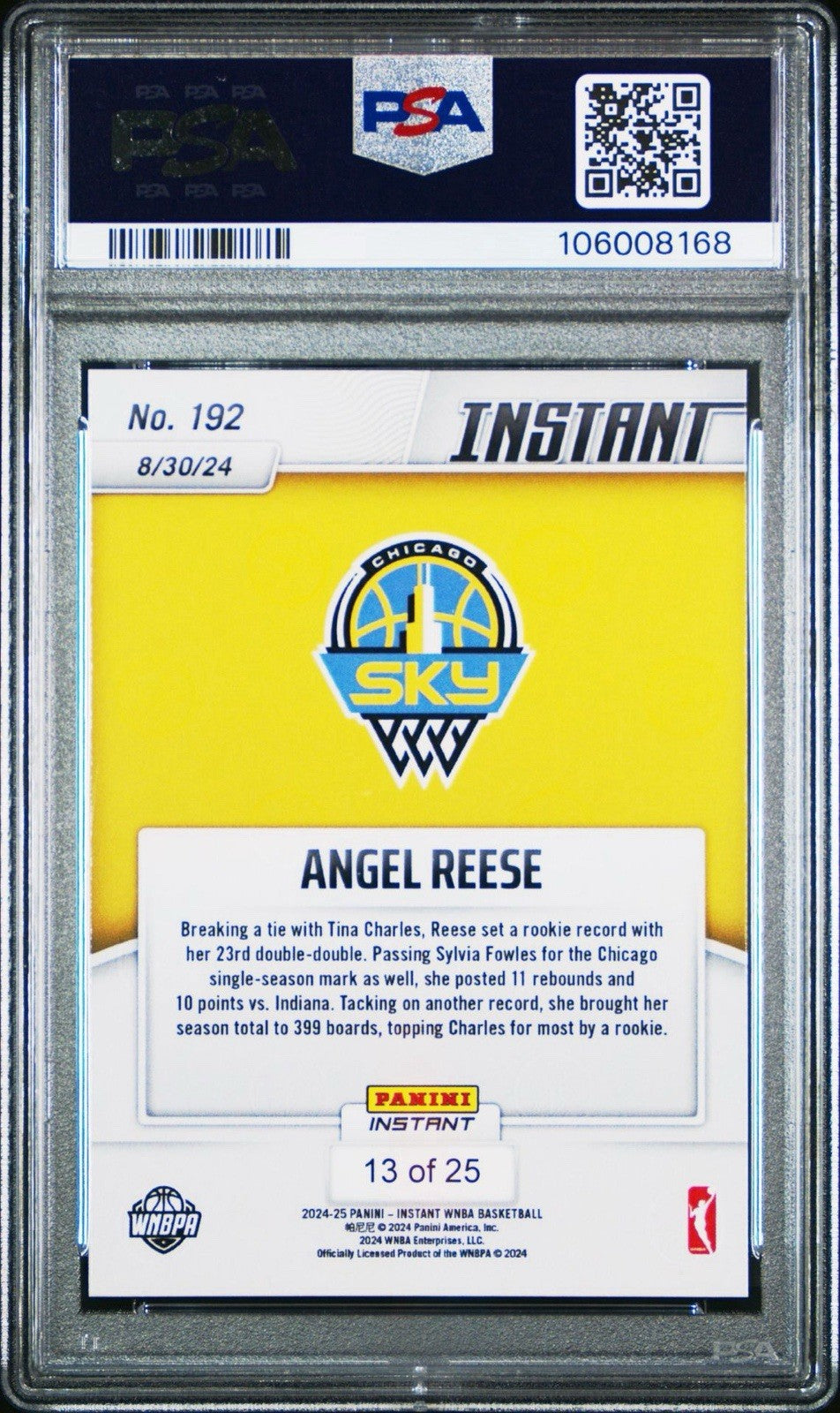 2024 Panini Instant WNBA #192 Angel Reese RC Jungle /25 Racks Up Records PSA 9