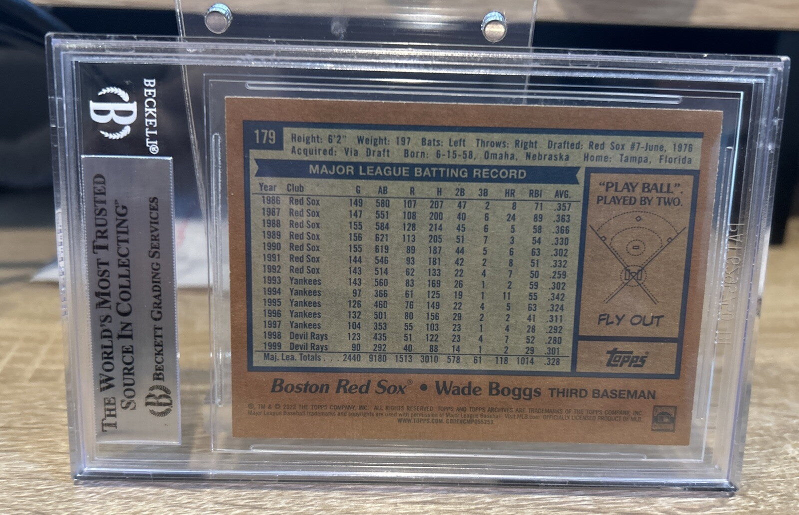 Signed 2022 Topps Archives #179 Wade Boggs Beckett BAS Slab