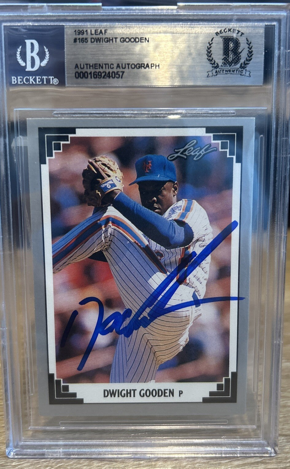 Signed 1991 Leaf  #165 Dwight Gooden Beckett BAS Slab