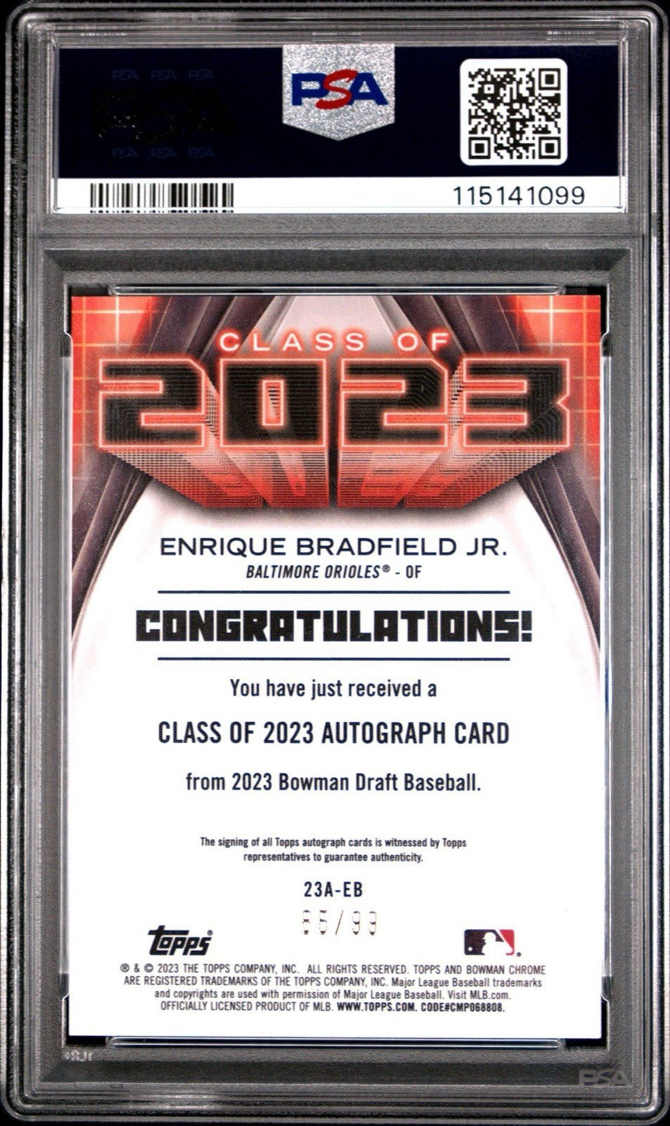 2023 Bowman Draft Enrique Bradfield Jr. Class of 23 Green Refractor Auto PSA 9