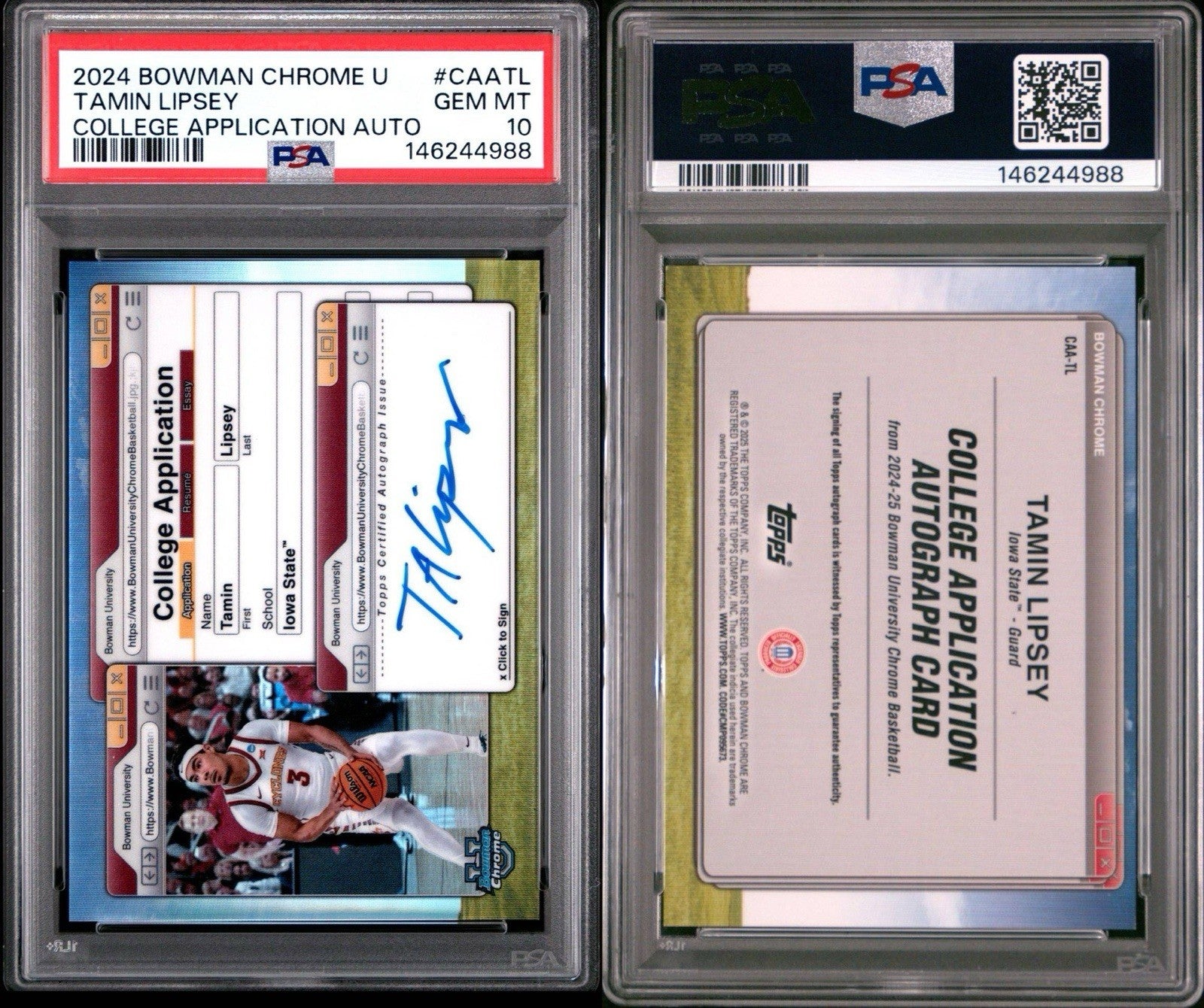 Tamin Lipsey 2024 Bowman U Chrome College Application Auto - PSA 10 Gem