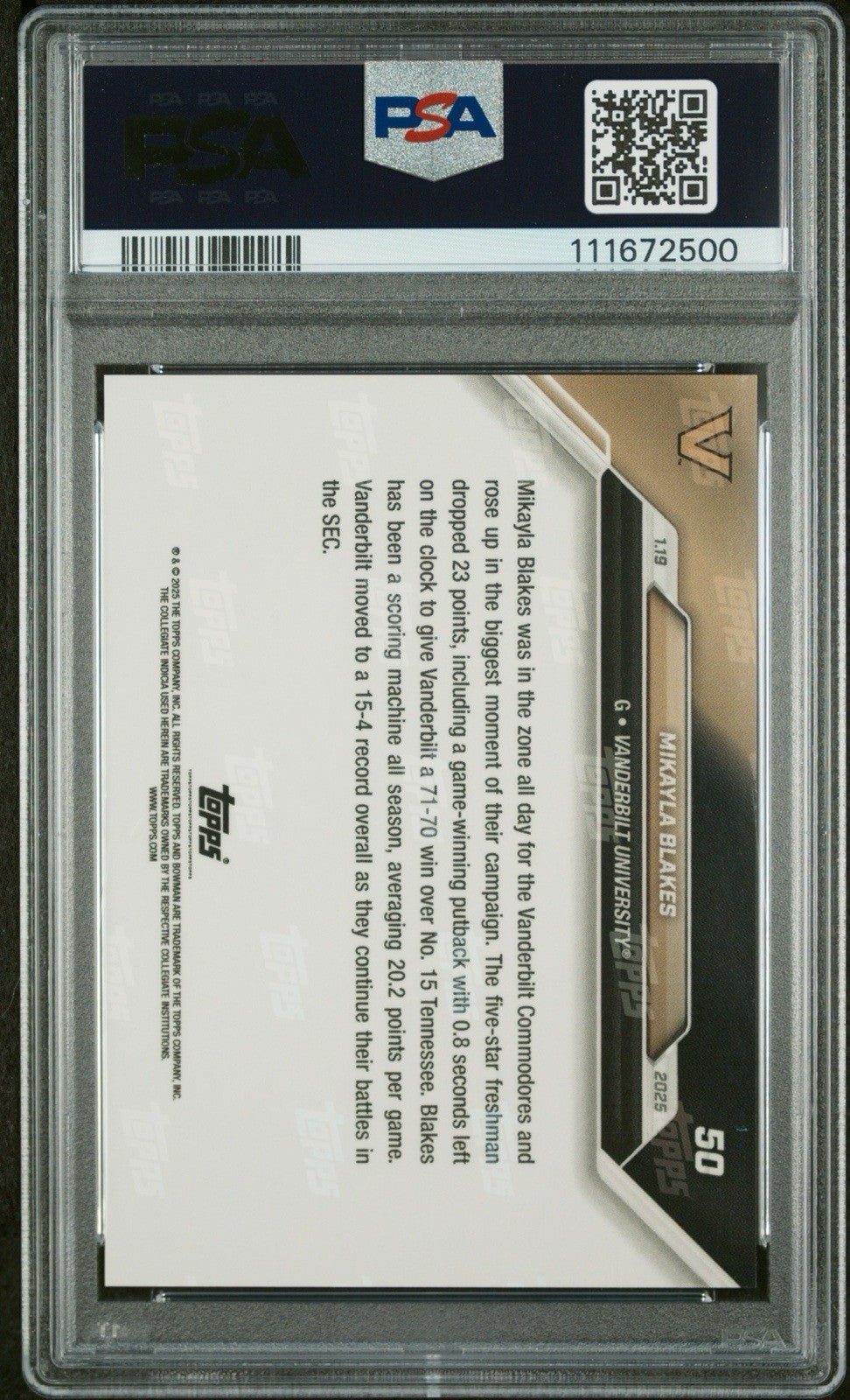 2024-25 Bowman U Now #50 Mikayla Blakes Blue #d /49 - PSA 9 Mint