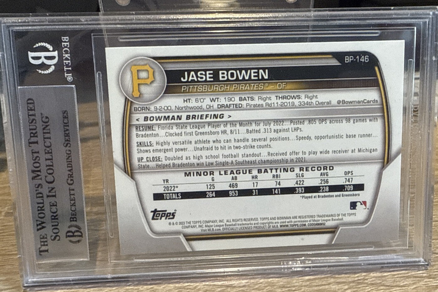 Signed Jase Bowen 2023 Bowman 1st card Pittsburgh Beckett BAS Slabbed