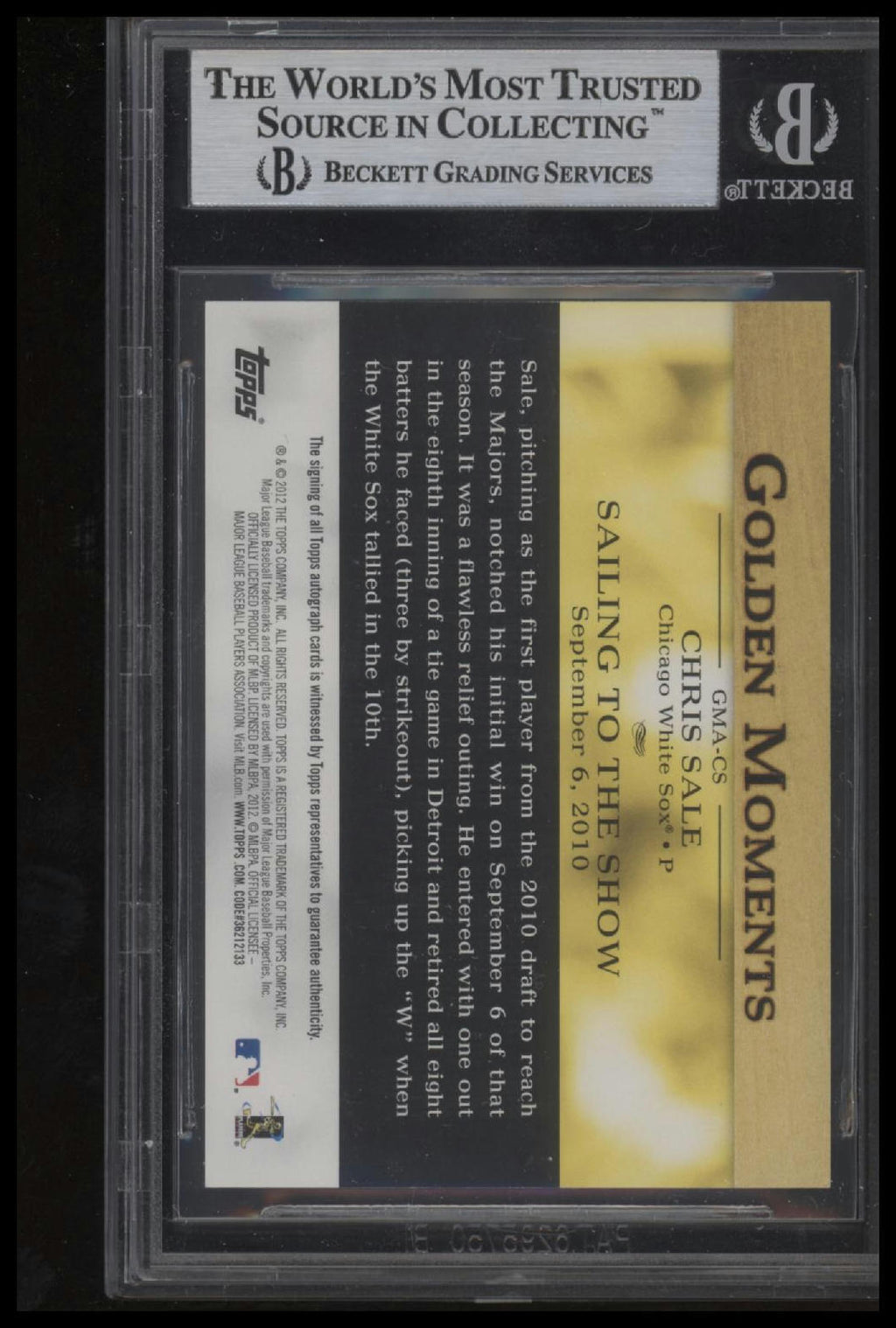 2012 Topps #GMA-CS Chris Sale Golden Moments Autographs BAS Slab