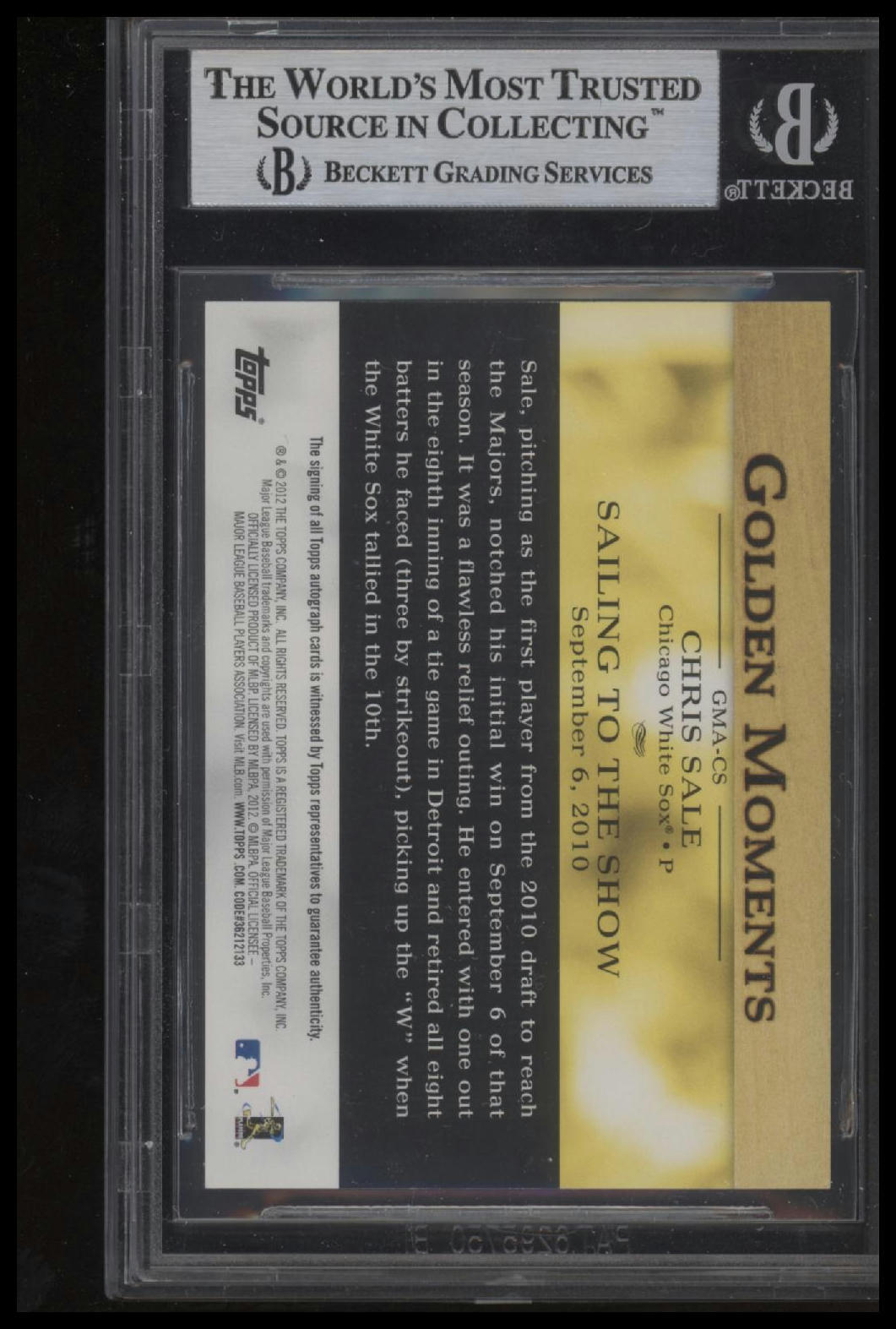 2012 Topps #GMA-CS Chris Sale Golden Moments Autographs BAS Slab