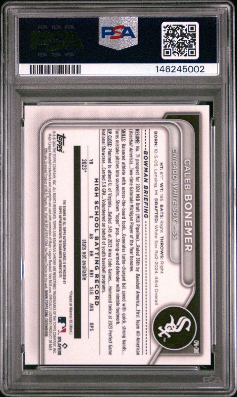 2024 BOWMAN DRAFT CHROME PRSPCT AUTOS AQUA LAVA CALEB BONEMER /199 PSA 10